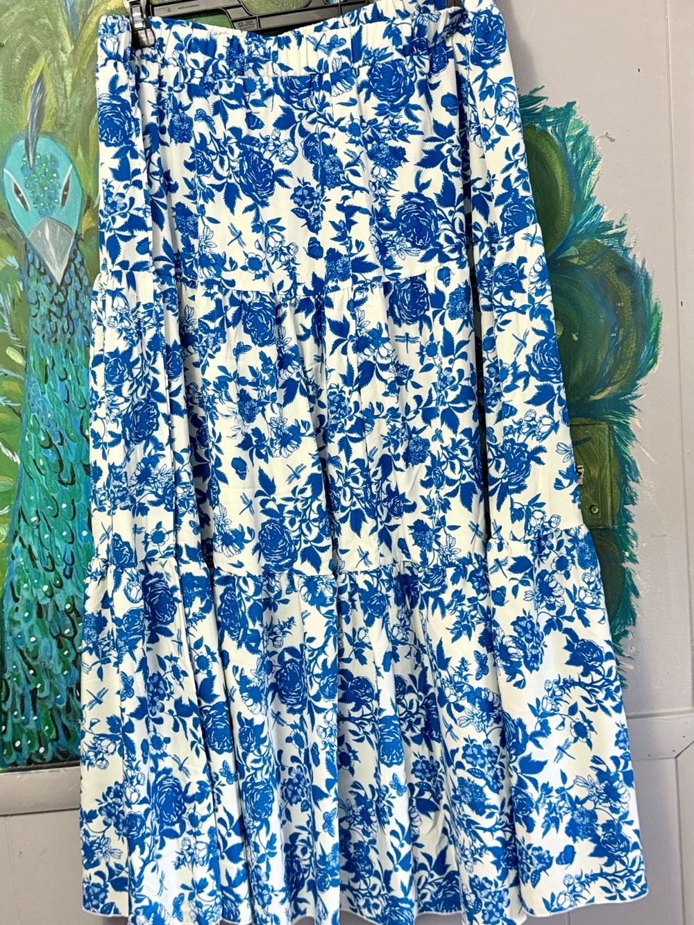 Blue Floral Tiered Midi Skirt - White & Blue
